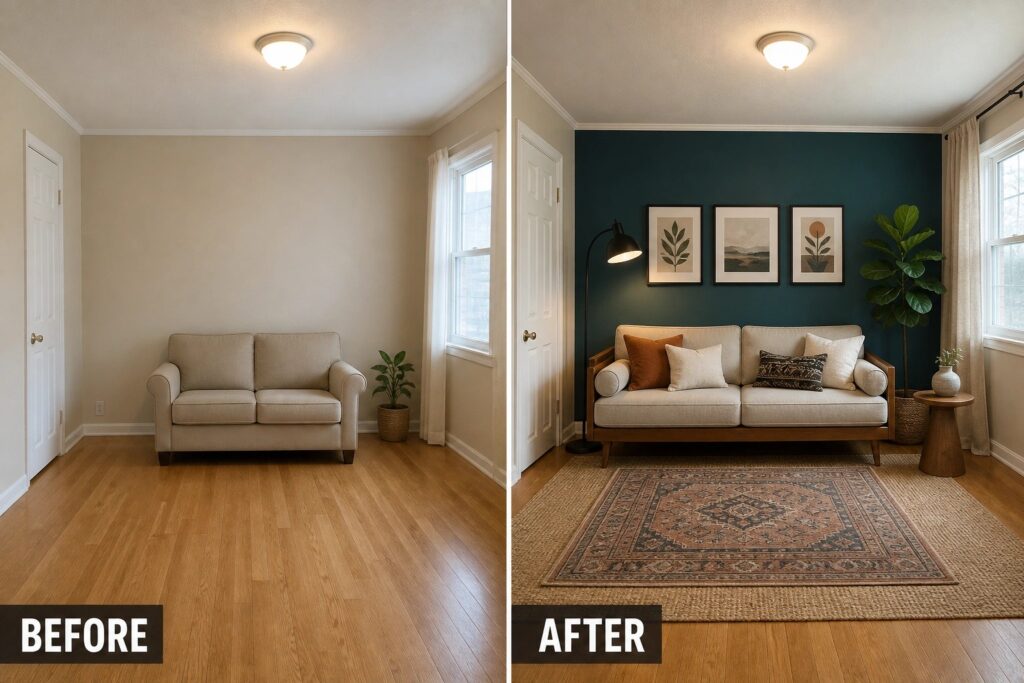 Before and after living room transformation, featuring a light sofa, dark accent wall, and decor.