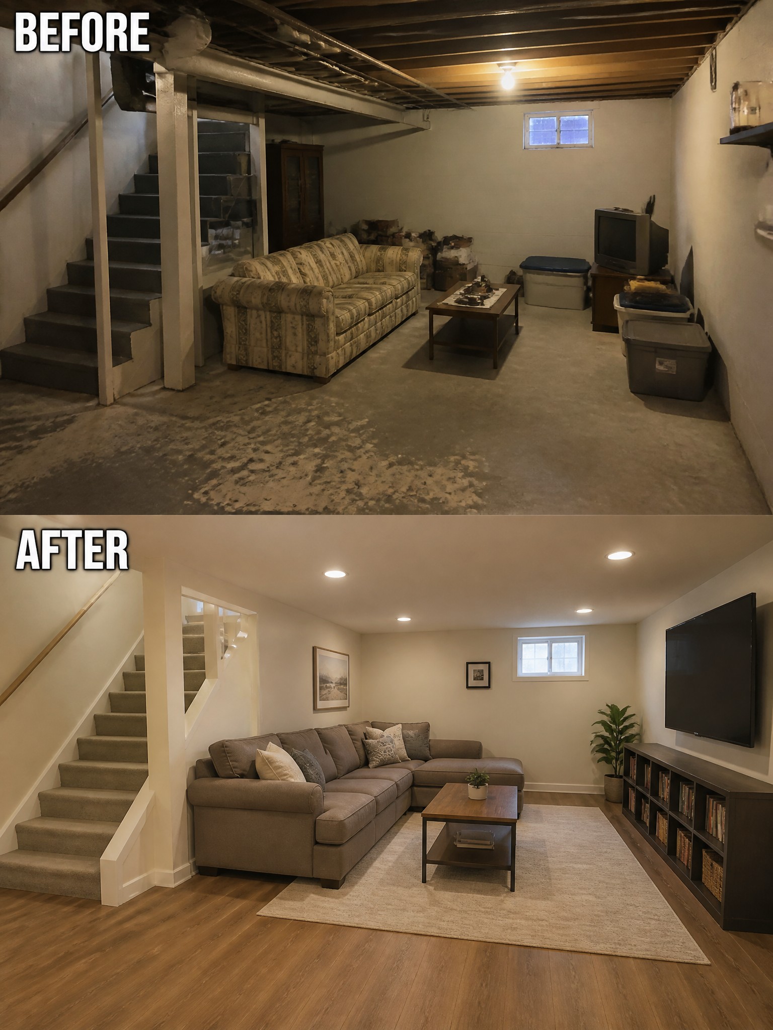 Before-and-after image of an unfinished basement turned into a finished living room with wood flooring, a sectional sofa, area rug, and recessed lighting.