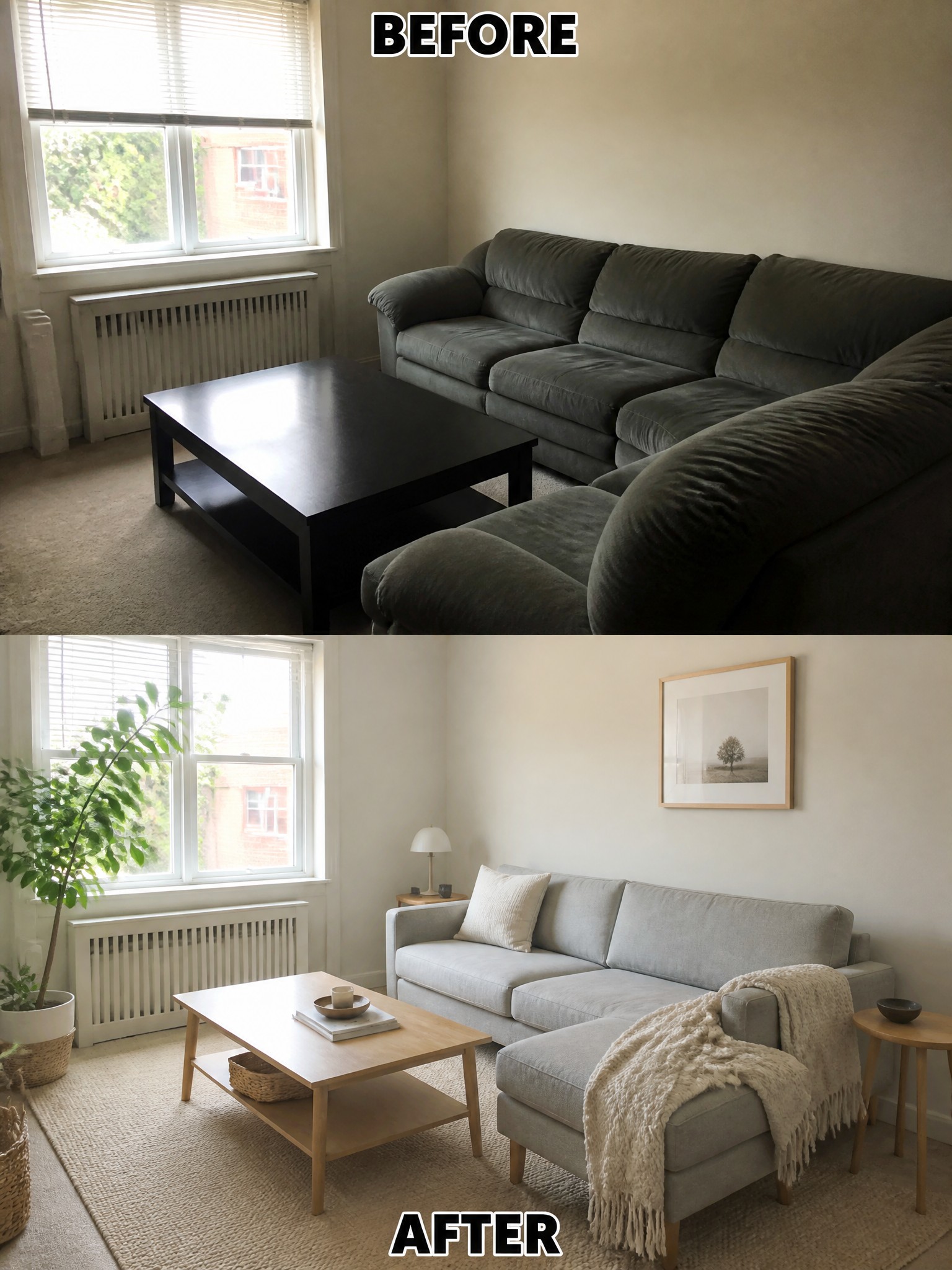 Before and after living room transformation; dark furniture replaced with light, modern decor.