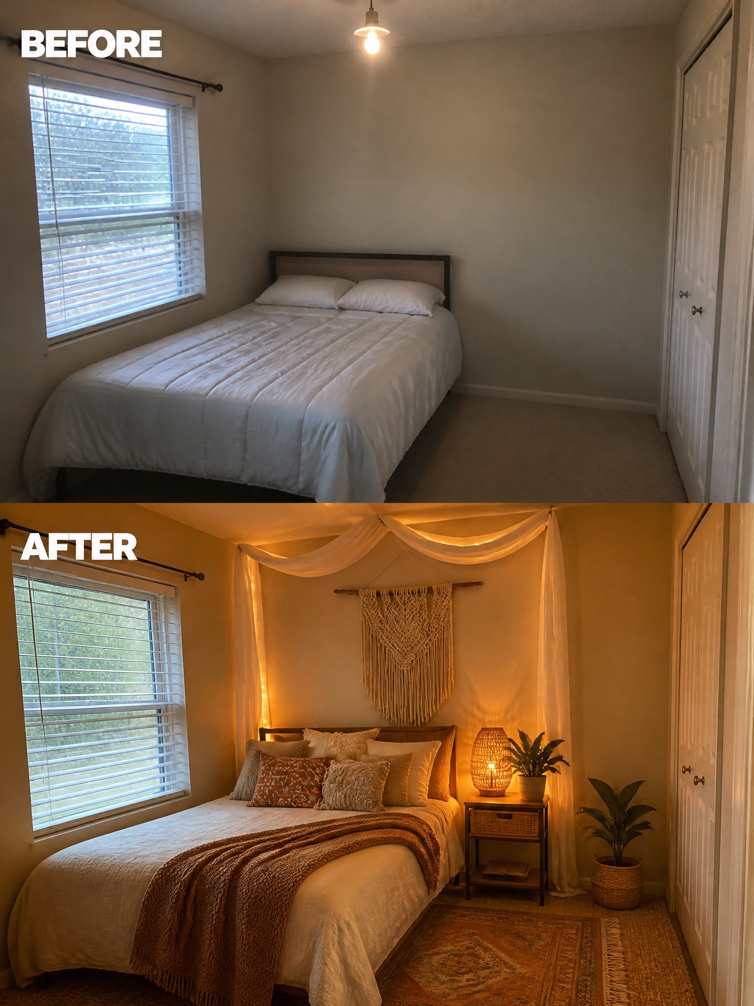 A bedroom transformed from minimalistic to cozy, featuring warm tones and decorative accents.