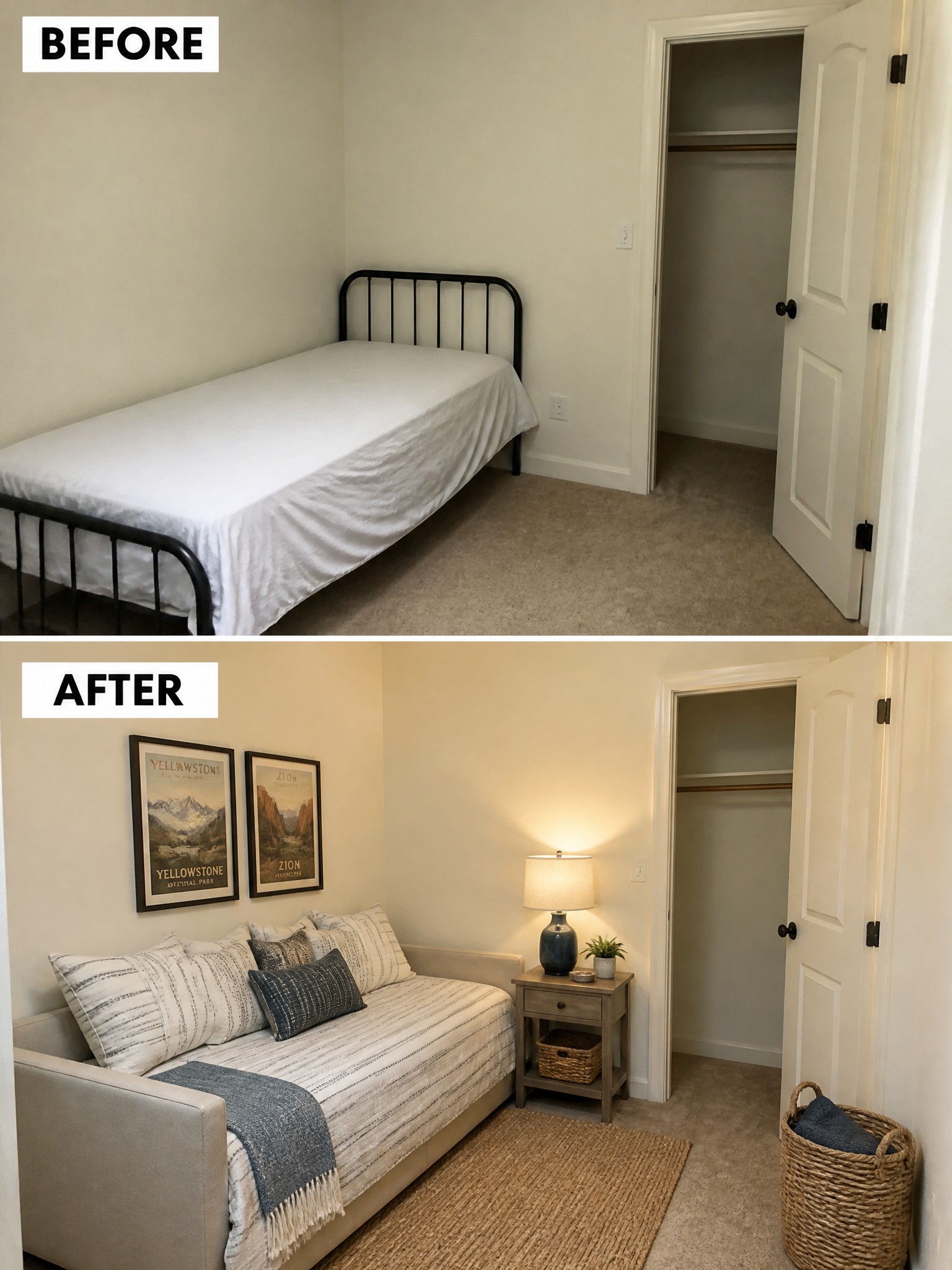 Before-and-after transformation of a bedroom featuring a bed, daybed, decor, and lighting.
