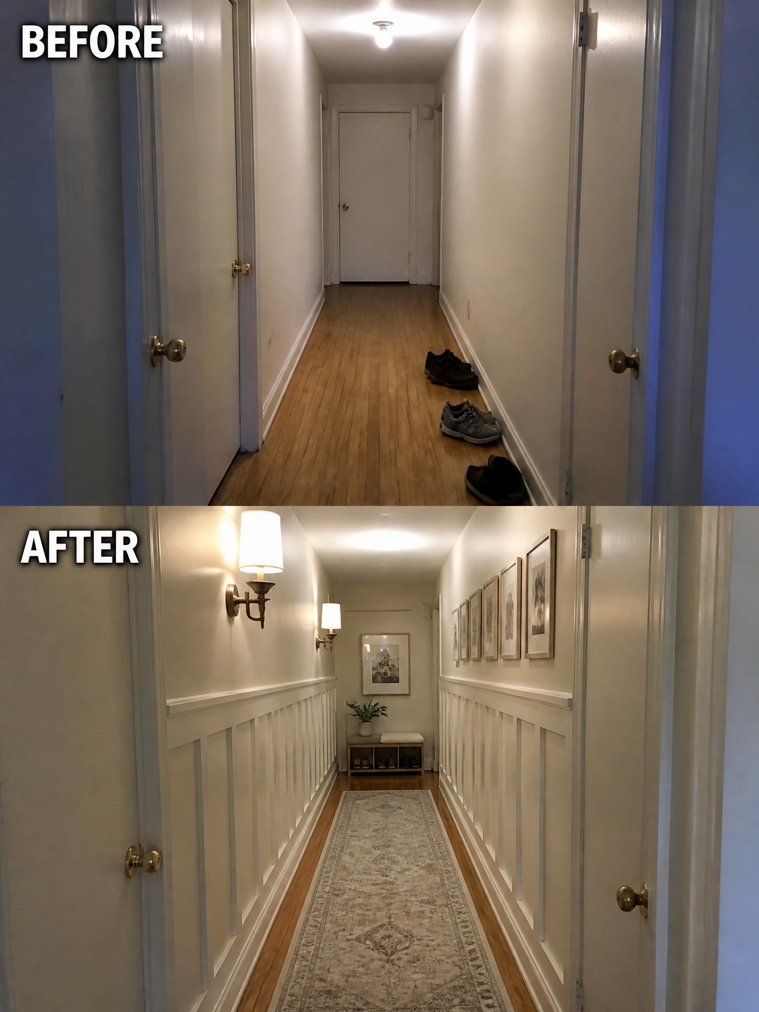 Long hallway transformation: before with bare walls and shoes; after with wainscoting, lighting, and decor.