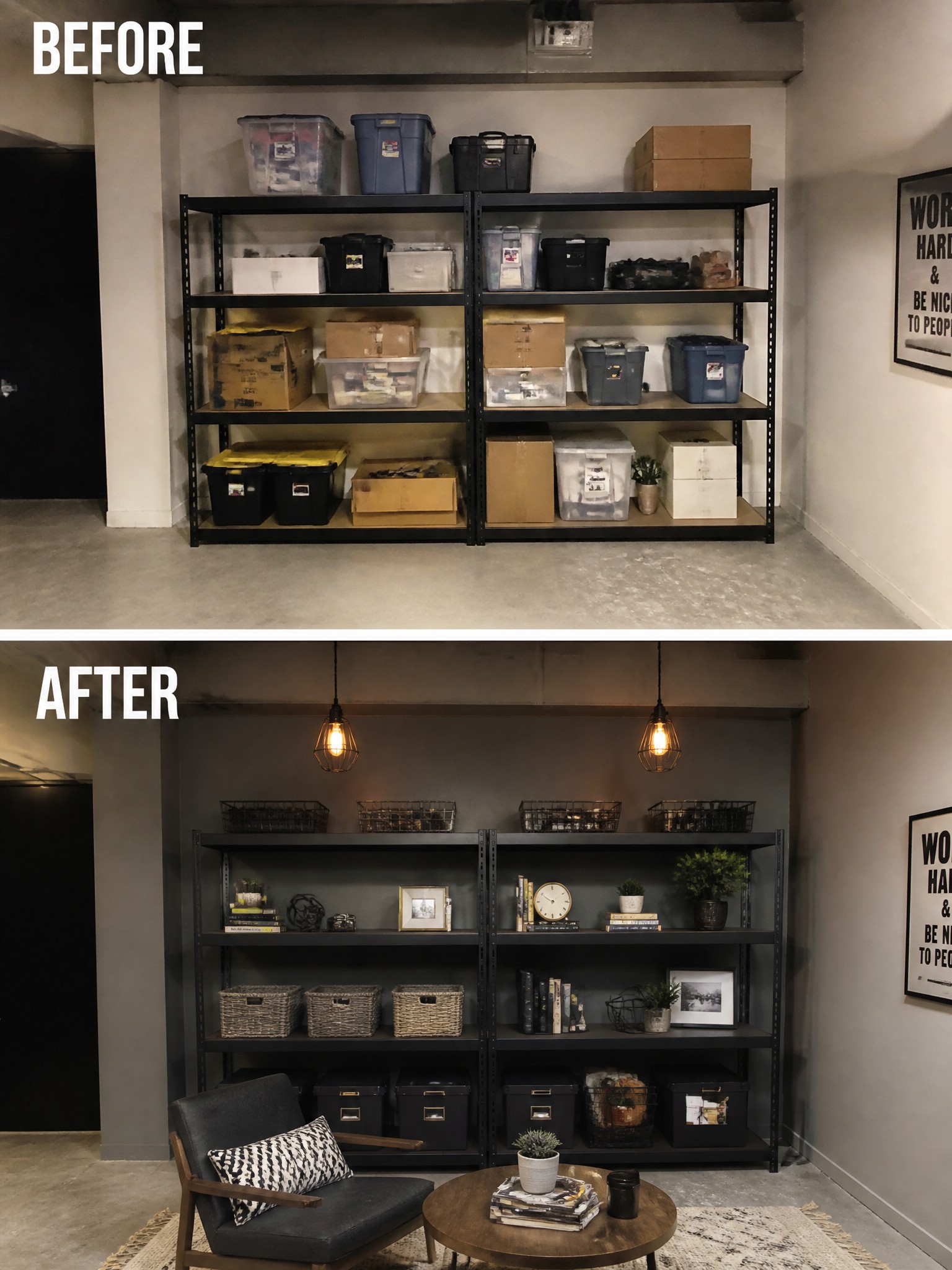 Before-and-after shelves showcase organized storage with baskets, books, and decorative items.
