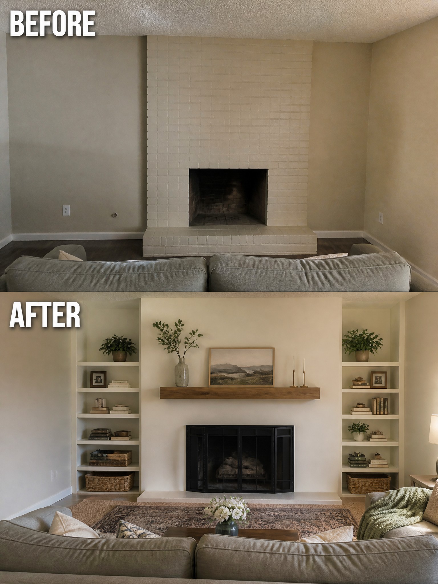 Living room transformation: plain white fireplace to styled space with shelves and decor.