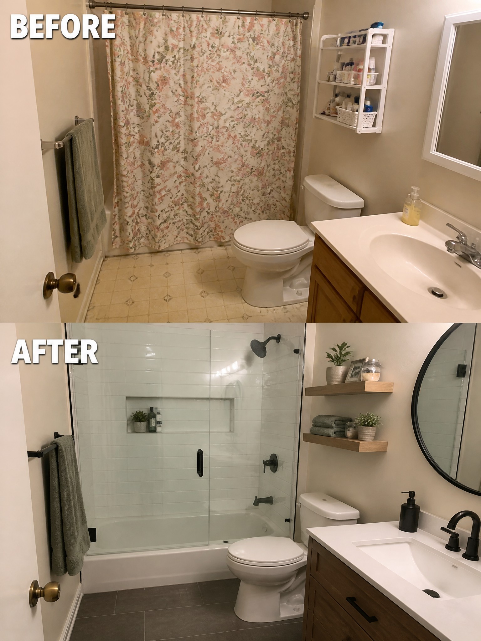Bathroom transformation: floral shower curtain replaced with a sleek glass shower, modern fixtures.