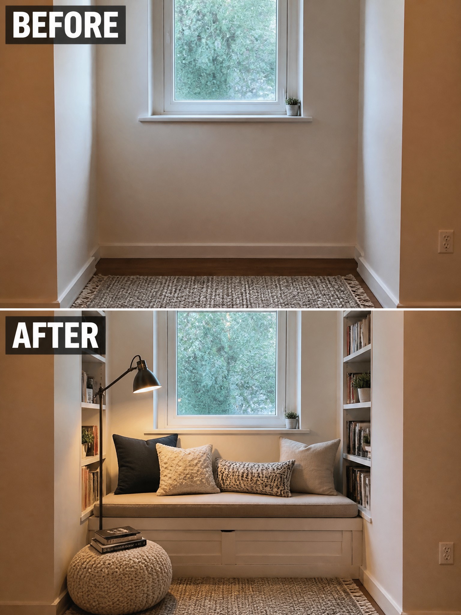 A cozy nook with a bench, pillows, a lamp, and bookshelves.