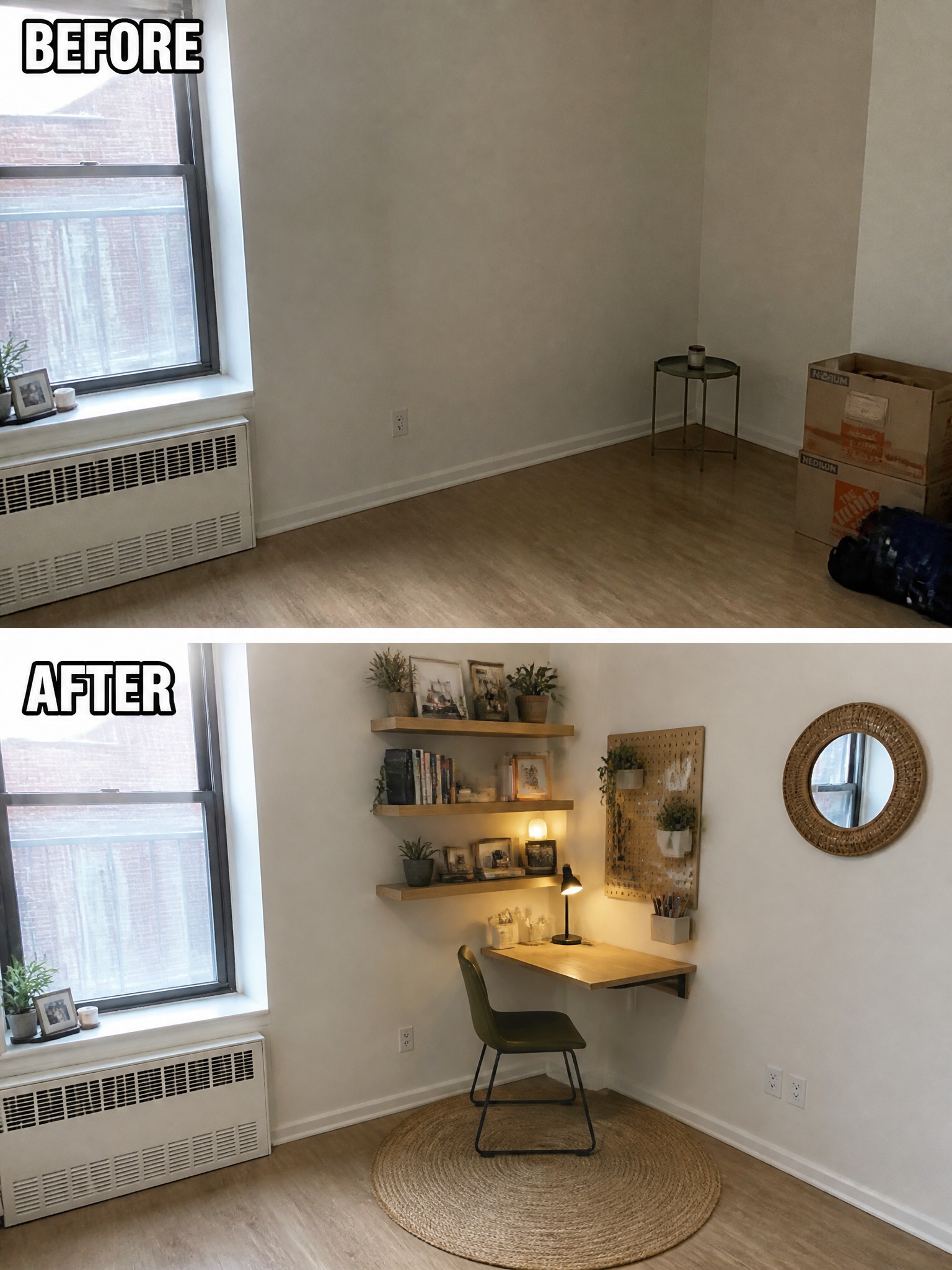 Before-and-after image of an empty room turned into a workspace with floating shelves, a wall desk, chair, rug, and lighting.