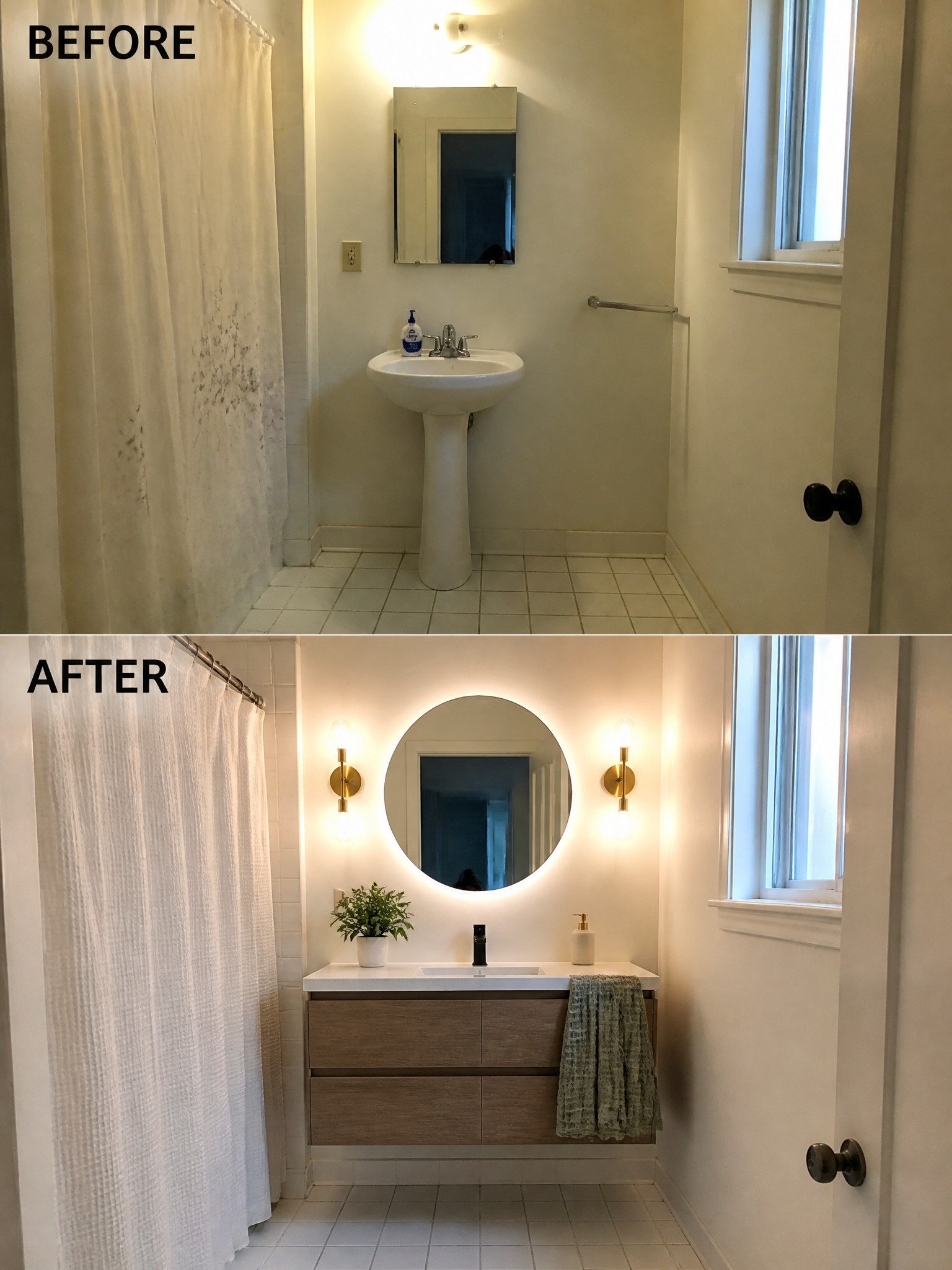 Before-and-after image of a bathroom with a pedestal sink changed to a floating wood vanity, round backlit mirror, and modern wall sconces.