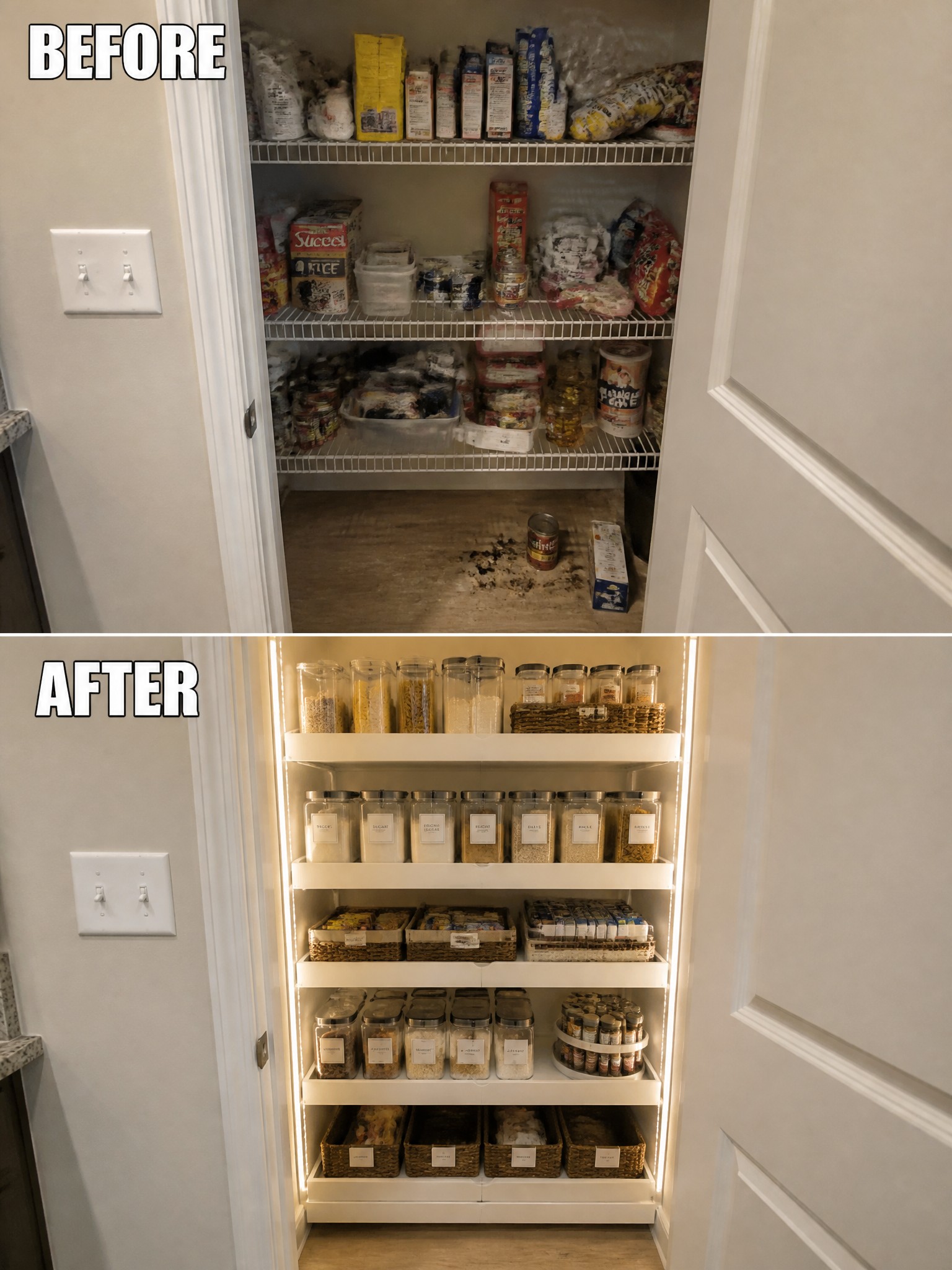 Before-and-after image of a cluttered pantry transformed with uniform glass jars, woven baskets, labels, and LED shelf lighting.