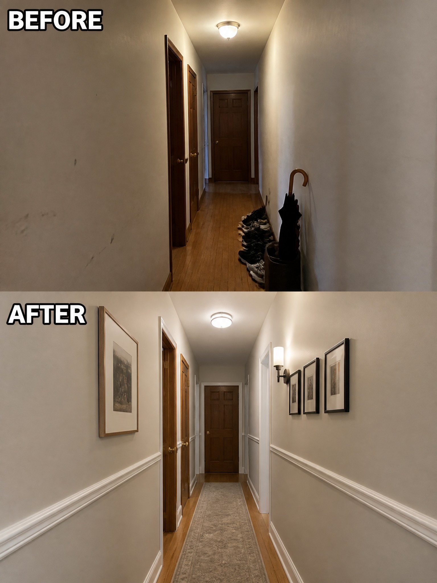 Before-and-after hallway renovation with wainscoting, artwork, rug, and lighting.