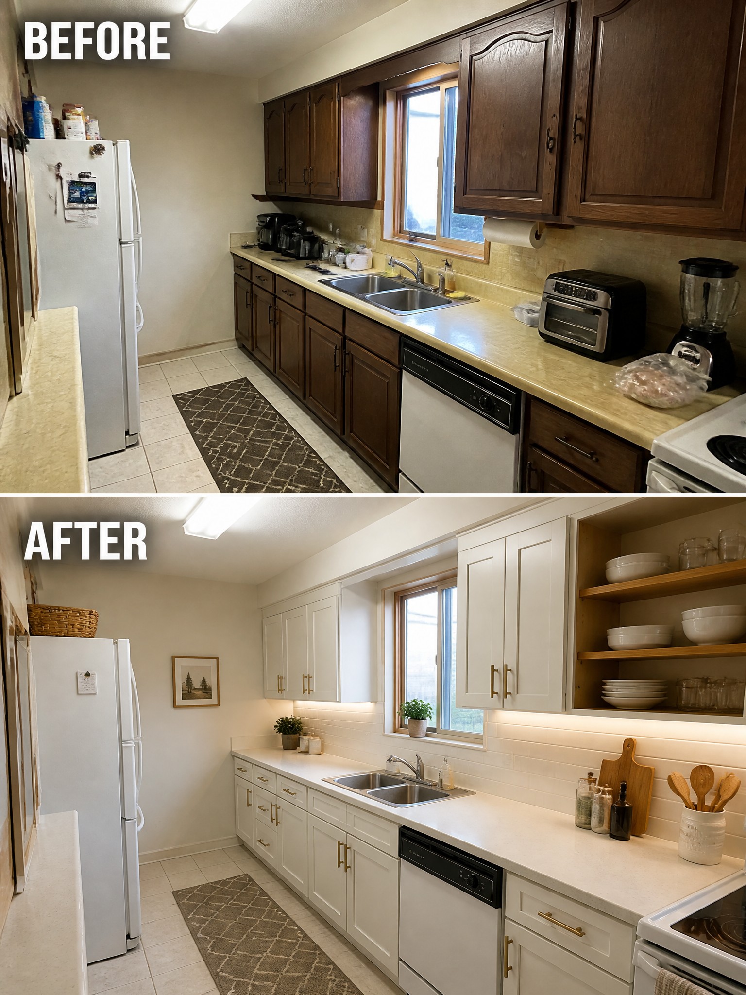 Before and after kitchen remodel with dark wood cabinets changed to white