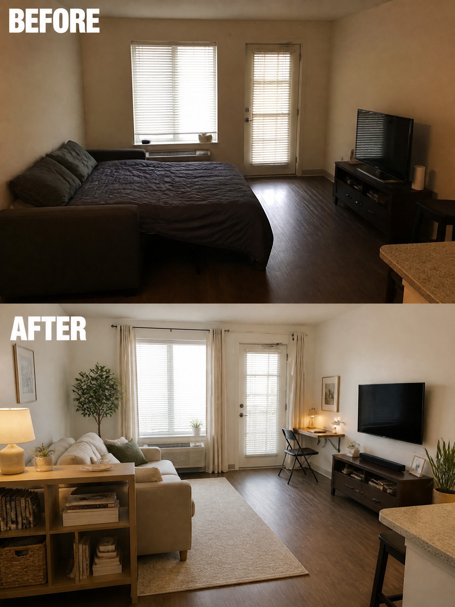 Before-and-after image of a sparse living area transformed into a finished living room with a rug, curtains, sofa, and added lighting.