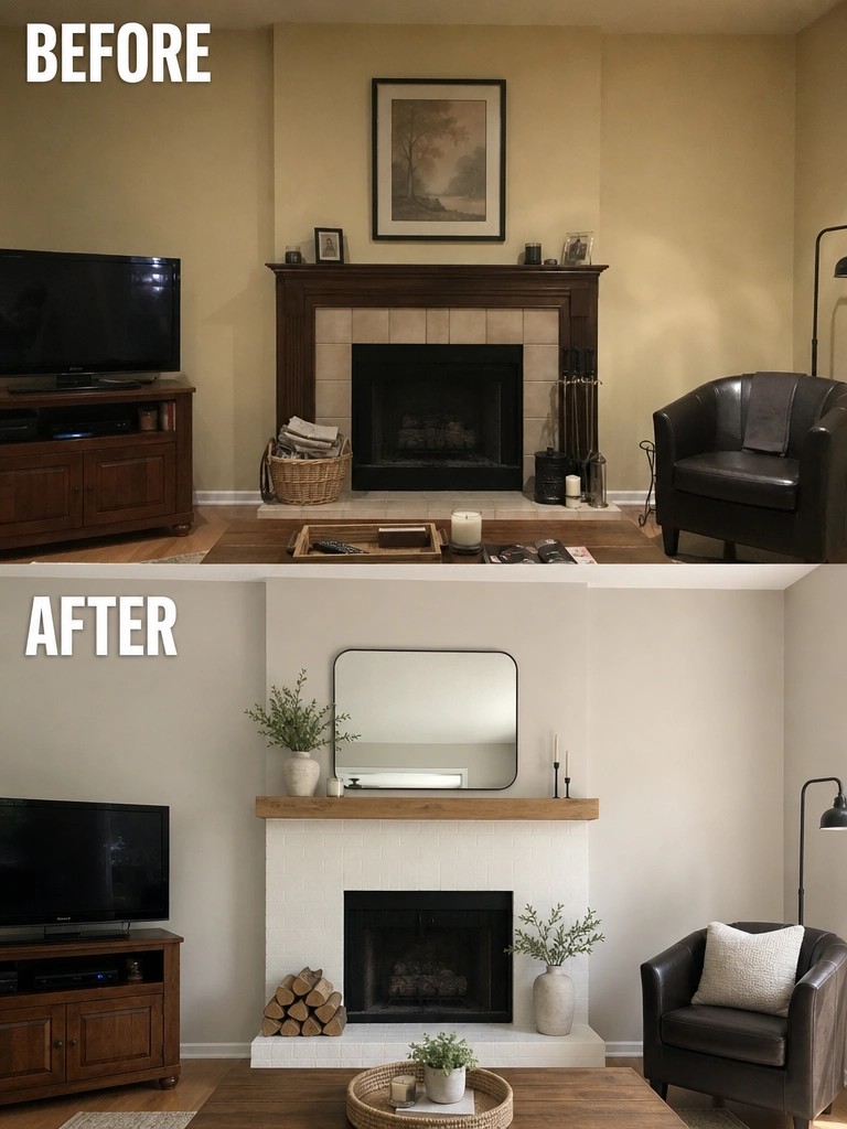 Before and after living room fireplace with dark wood versus modern white brick mantel.