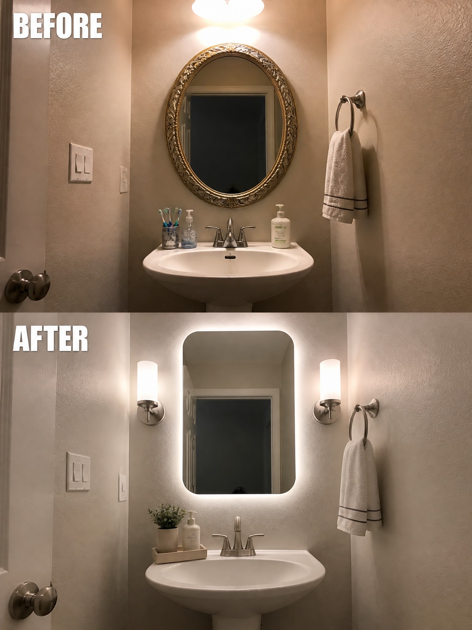 Before and after bathroom sink with modern backlit mirror and sconces replacing ornate frame.