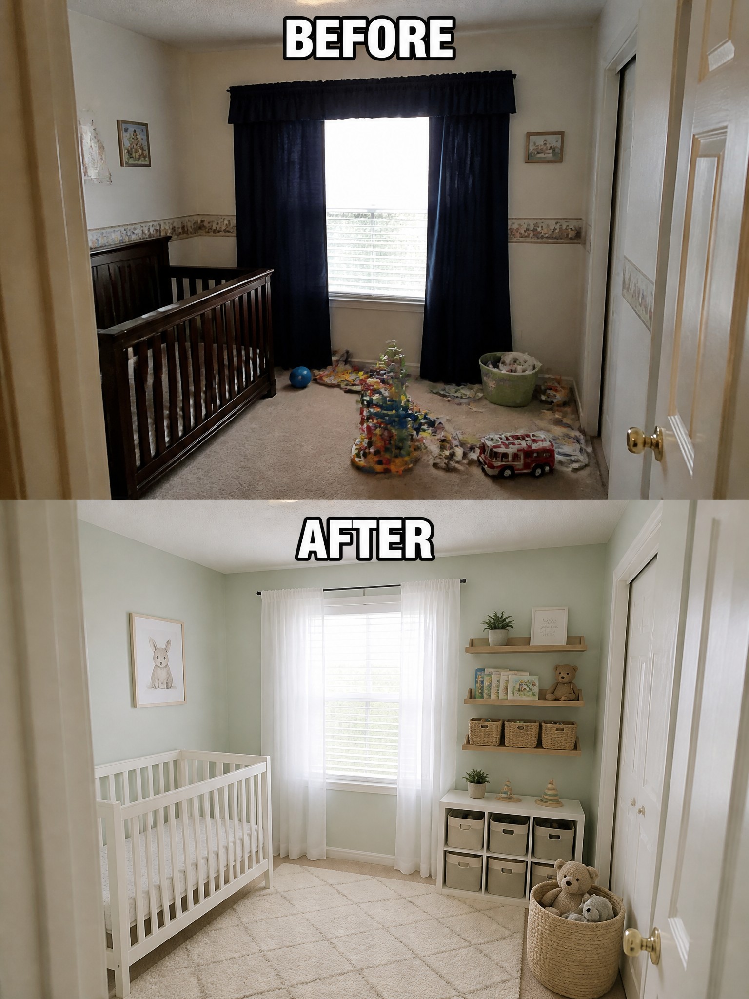 Before and after of cluttered dark nursery transformed into tidy pastel room