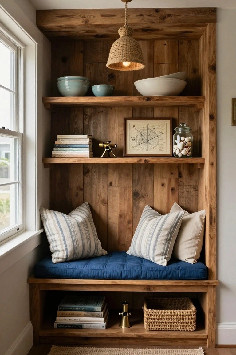 Wooden built-in shelving unit in a corner with window, blue cushioned bench, striped and cream pillows, stacked books, ceramic bowls, nautical map, telescope model, shell jar, and basket below.