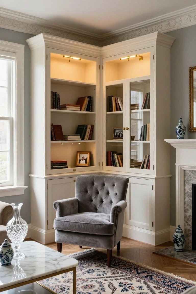 White wooden corner bookcase with open shelves, glass-fronted cabinets filled with books, lit interiors, gray tufted armchair, marble coffee table with vases, and marble fireplace in a living room corner.