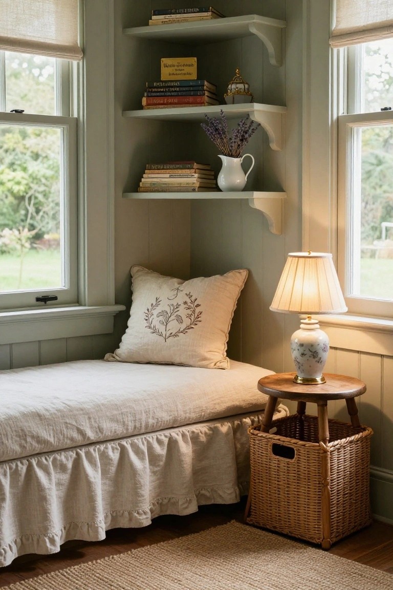 Sage green paneled corner room with built-in wooden shelves holding books, lavender, and a pitcher, linen window seat with pillows, table lamp on wooden stool, wicker basket, and windows showing garden view.