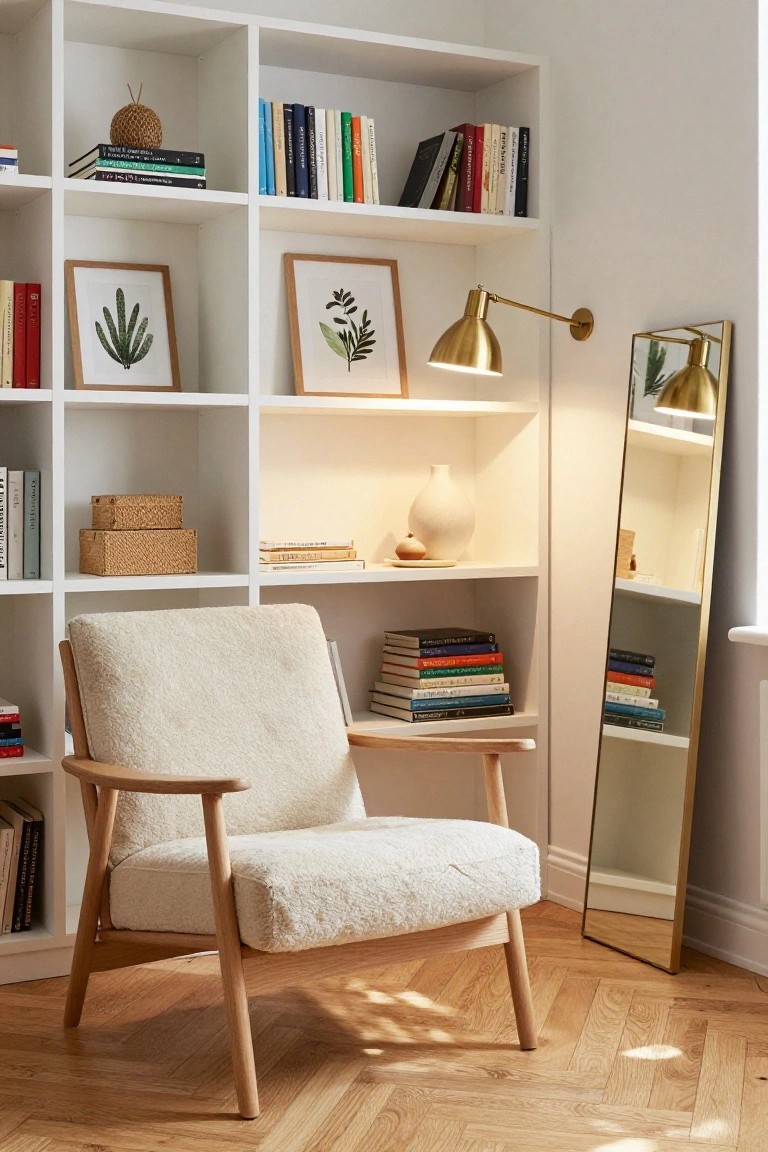 White open shelving unit in a room corner filled with books, plants, frames, and boxes, with a cream sheepskin-upholstered wooden armchair positioned in front, a brass wall lamp lit above, and a tall gold mirror nearby on herringbone oak flooring.