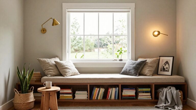 Bookshelf beside a reading chair with a styled finish