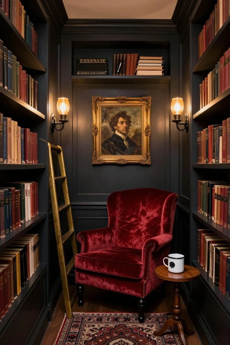 Narrow dark-paneled room lined with floor-to-ceiling bookshelves containing colorful books, brass library ladder, red velvet armchair, small wooden side table with white mug, gilded portrait of a man in formal attire, wall sconces, and patterned rug.