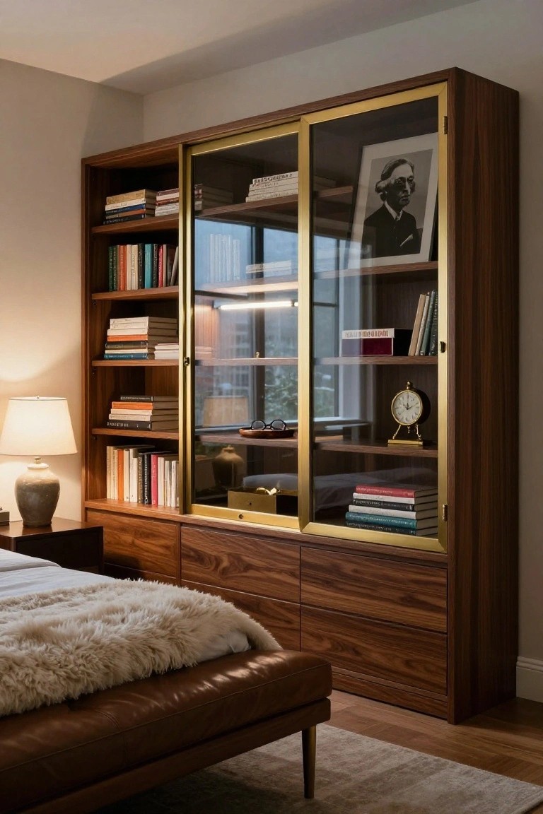 Tall walnut bookcase with gold-framed glass doors next to a low bed, filled with books, a clock, glasses case, and a portrait photo inside the cabinet.