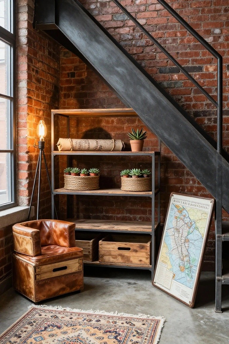 Corner of an industrial-style room with exposed brick walls, black metal shelving unit displaying potted succulents in woven baskets, rolled paper, and wooden crates, next to a brown leather tub armchair on a patterned rug, metal staircase in background.