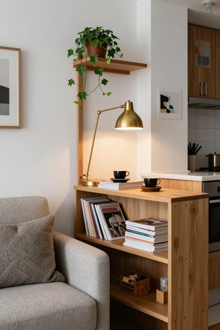 Gray sofa next to a light wood open bookshelf used as side table, topped with gold lamp, black coffee cups on saucers, stacked magazines and books, ivy plant on overhead shelf, in modern kitchen-living area.