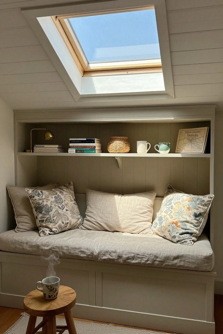 Cozy attic reading nook with white shiplap walls and ceiling, built-in overhead shelves displaying books, baskets, mugs, and a lamp, a cushioned bench seat, small wooden stool holding a steaming mug of tea, and sunlight streaming from a skylight.