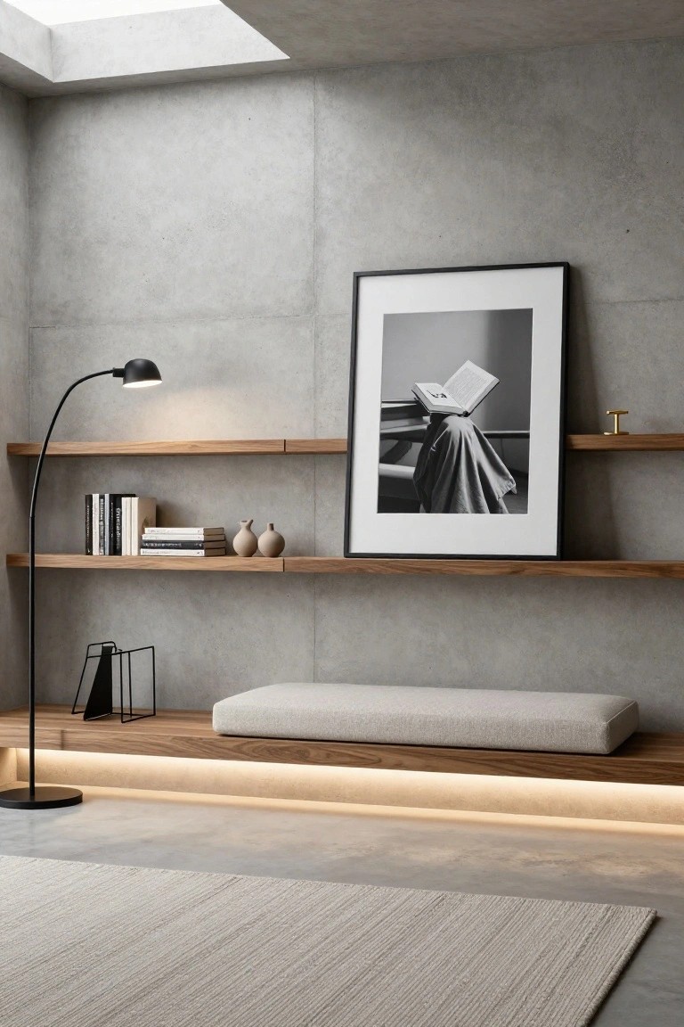 A minimalist indoor reading nook with gray concrete walls, wooden floating shelves displaying books, ceramics, and a framed photograph of a draped figure, a black arc floor lamp, a low beige upholstered bench on a wooden platform with LED underlighting, and a light gray rug on a concrete floor.