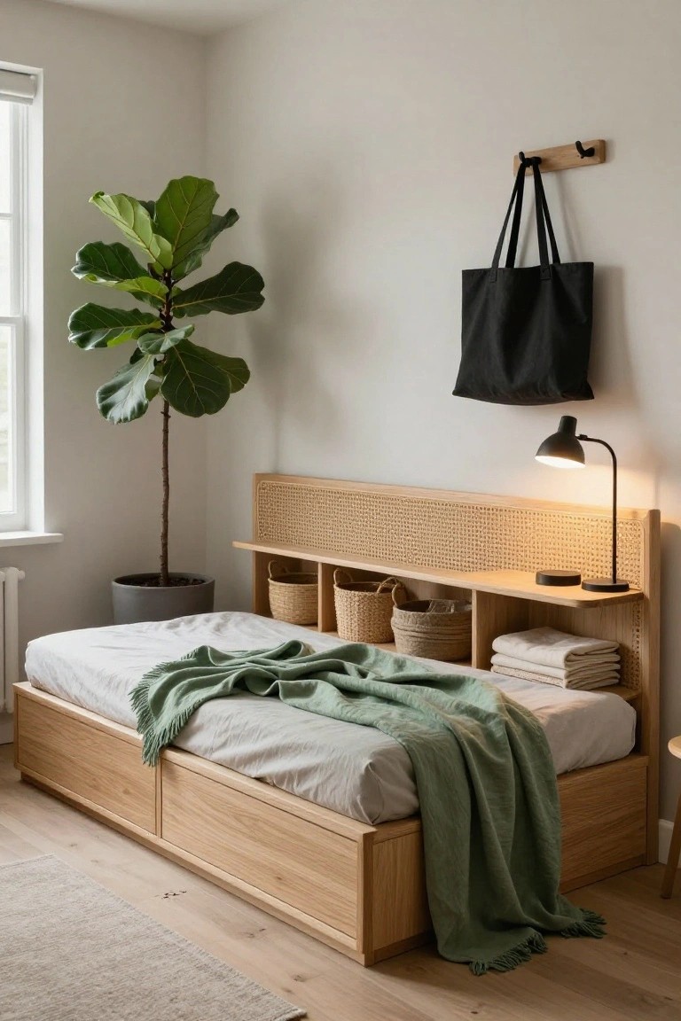 Cozy bedroom corner featuring a low wooden platform bed with rattan-paneled headboard and integrated open shelves holding woven baskets and stacked linens, beside a large potted fiddle leaf fig plant, with a desk lamp and hanging black tote bag on a light wall.