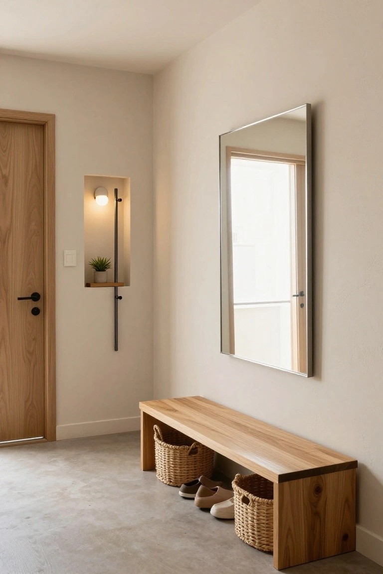 Indoor entryway with light beige walls, a wooden front door, a tall slim mirror, a wall niche holding a potted plant and lit sconce, and a wooden bench with two wicker baskets underneath containing shoes.
