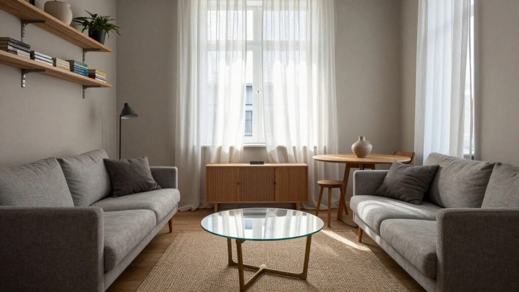 A cozy living room corner features a gray fabric sofa with legs, wooden credenza with books and vase, glass-top coffee table with wood base, floor lamp, sheer white curtains on a window, and an open kitchen visible beyond.