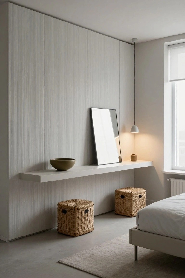 Bedroom corner with tall vertical fluted grey wardrobe panels, floating white shelf holding a brown ceramic bowl and leaning tall black-framed mirror, two round wicker storage baskets used as stools, white bed frame, and beige rug on concrete floor.
