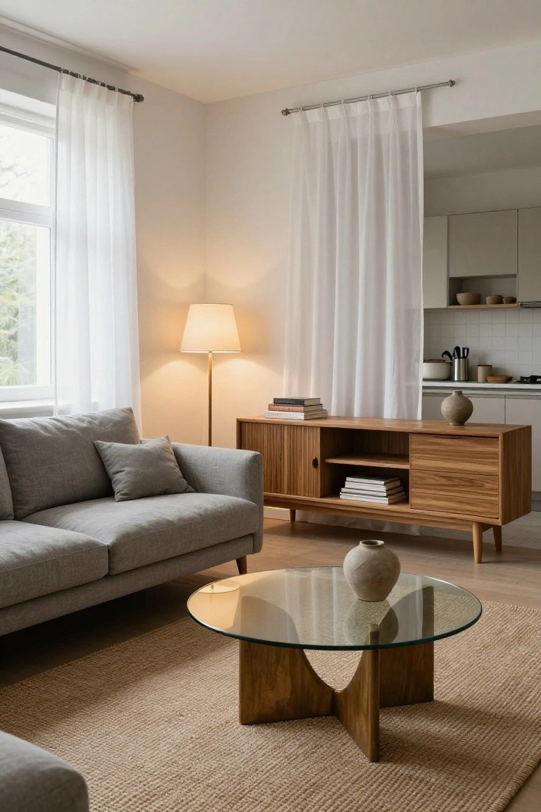 A cozy living room corner features a gray fabric sofa with legs, wooden credenza with books and vase, glass-top coffee table with wood base, floor lamp, sheer white curtains on a window, and an open kitchen visible beyond.