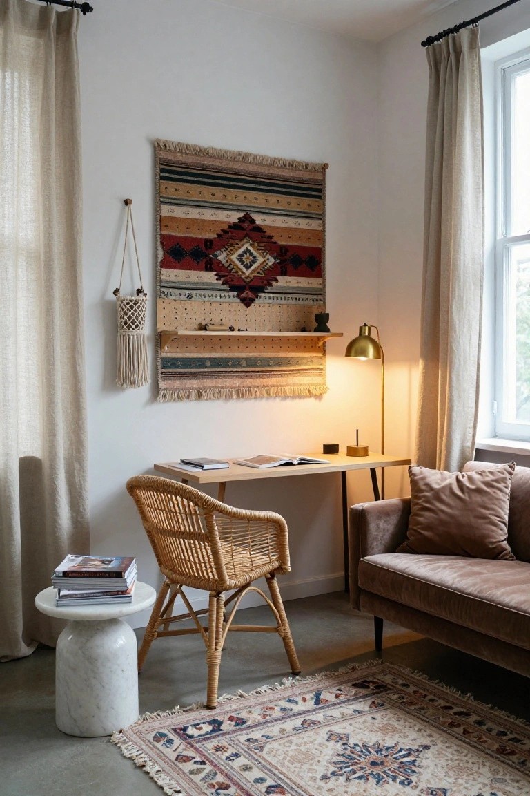 Corner of a studio apartment with a rattan chair at a wooden desk with books, a white marble pedestal side table holding stacked magazines, a low velvet sofa, a patterned rug on the floor, a large woven textile wall hanging, macrame plant hanger on a wooden shelf, brass lamp, and sheer linen curtains at two windows.