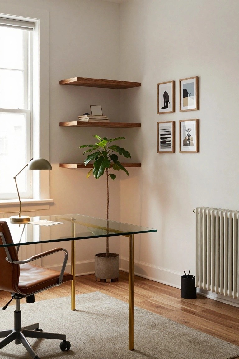 Corner office setup with glass-top desk on brass legs, tan leather chair, floating wooden shelves holding books and frames, potted plant, desk lamp, and white radiator against beige walls and hardwood floor.