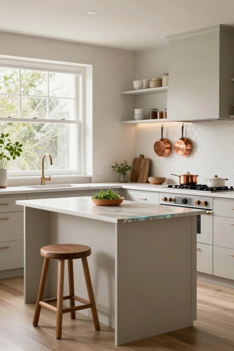 Modern kitchen interior with light gray cabinets, white countertops, a freestanding island bench topped with greens and a wooden stool, copper pots on a white hexagonal tile backsplash, gas cooktop, and a window with plants.