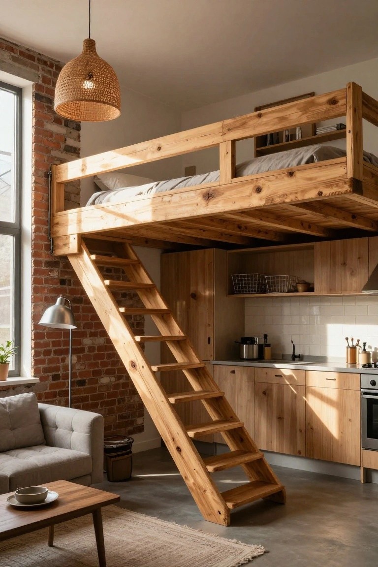 Studio apartment interior with wooden loft bed accessed by stairs next to light wood kitchen cabinets, gray sofa, exposed brick walls, and rattan pendant light.