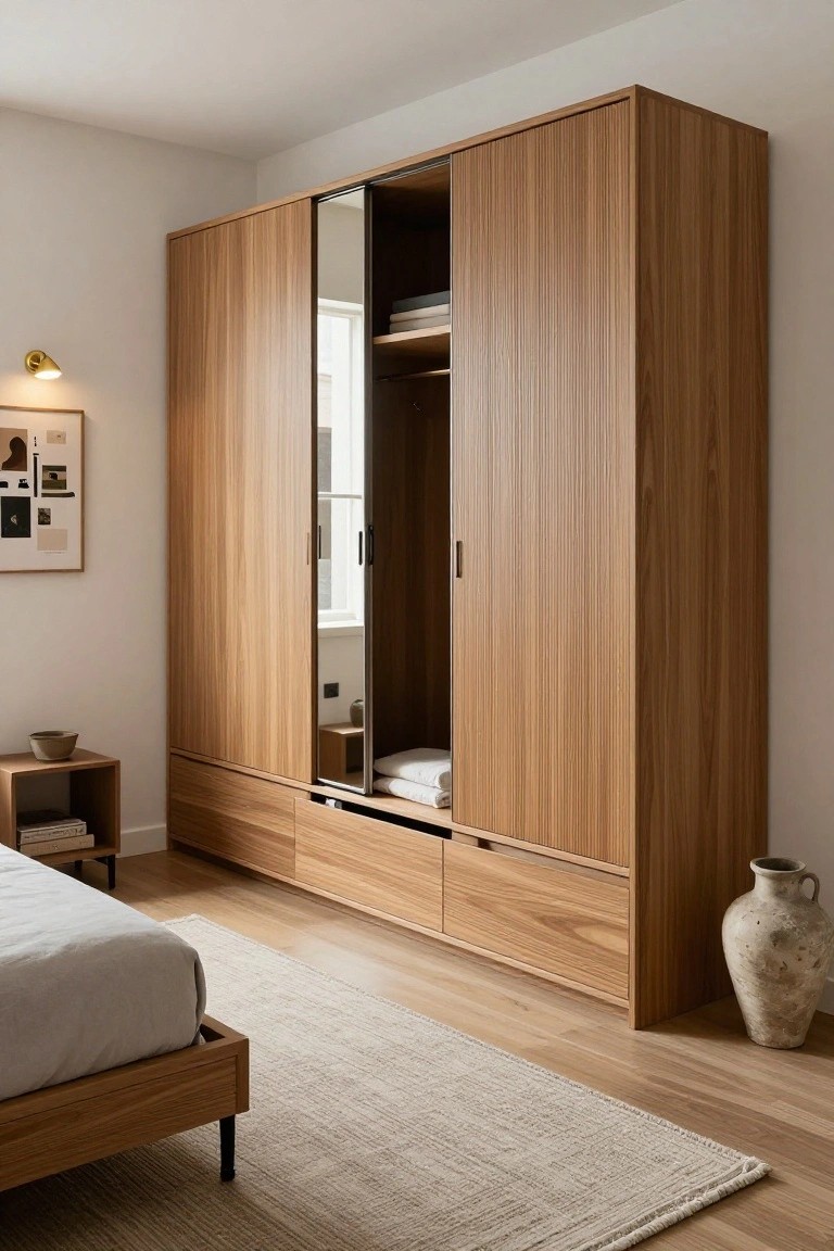 A bedroom interior with a tall light wood wardrobe featuring sliding doors, open middle section showing shelves and hanging space, lower drawers, next to a low platform bed on hardwood flooring.