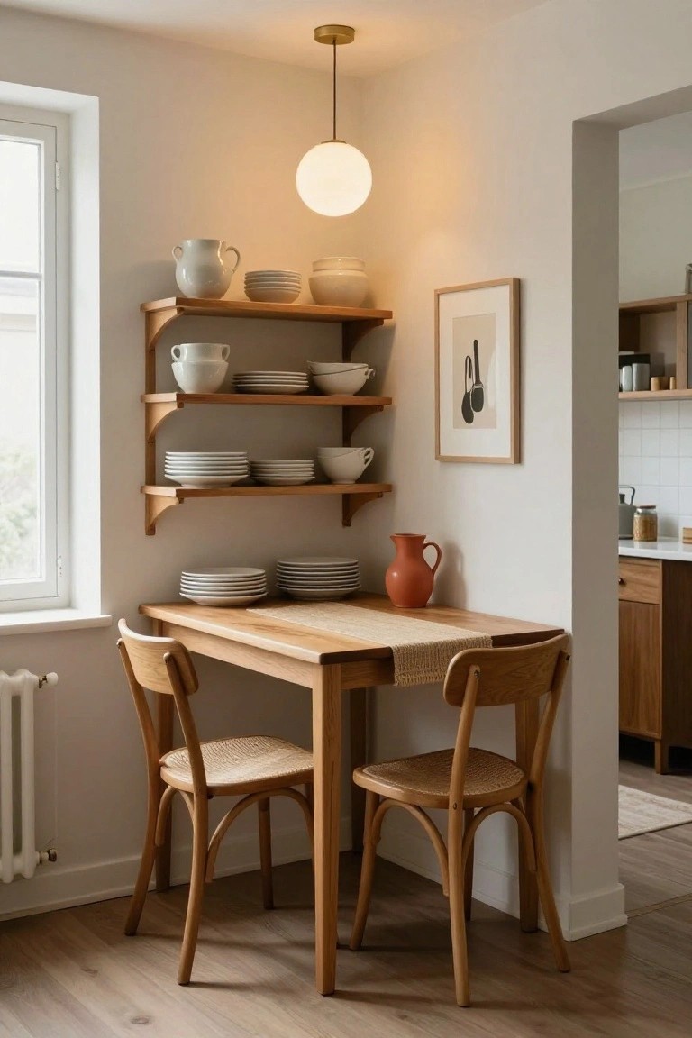 Small wooden dining table with two chairs in a light-filled kitchen corner, wooden open shelves displaying stacked white plates and bowls, orange pitcher on table, window and radiator nearby.