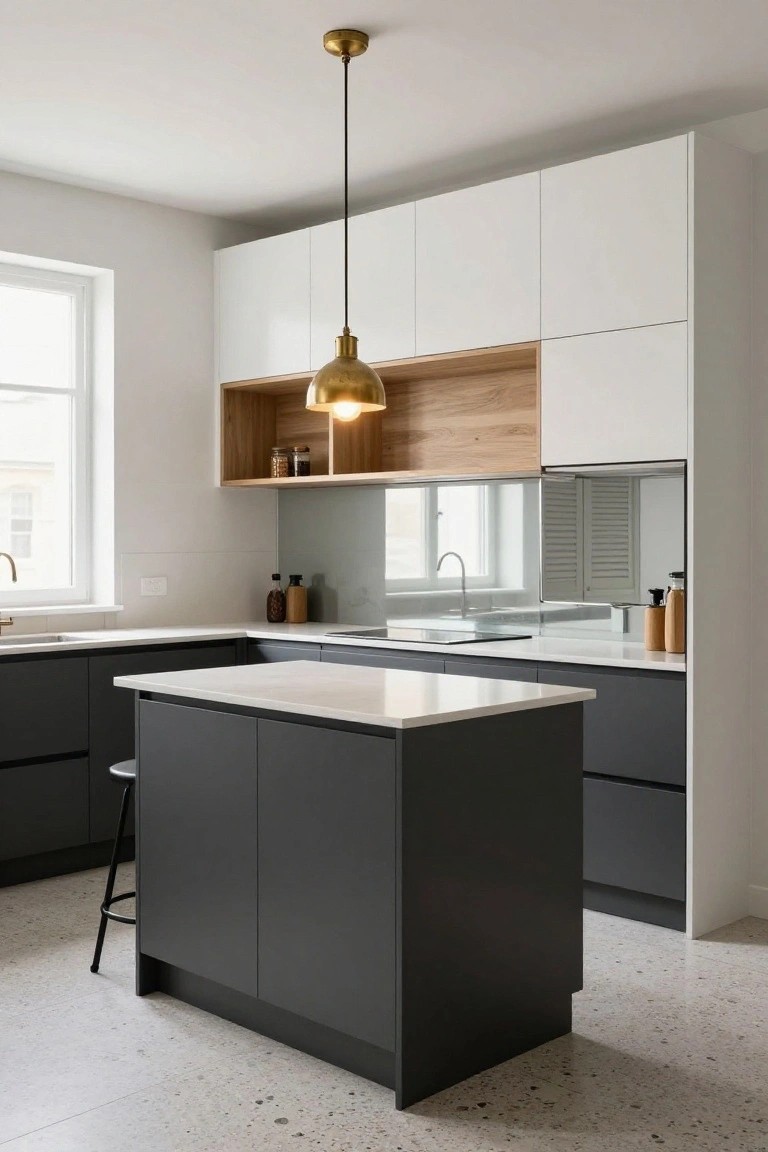 Modern kitchen interior featuring white upper cabinets, oak open shelving, dark lower cabinets and island, white countertops, gold pendant light, and speckled terrazzo flooring.