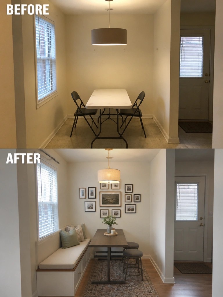 Before-and-after image of a plain dining space updated with a built-in bench, storage, gallery wall, and area rug.