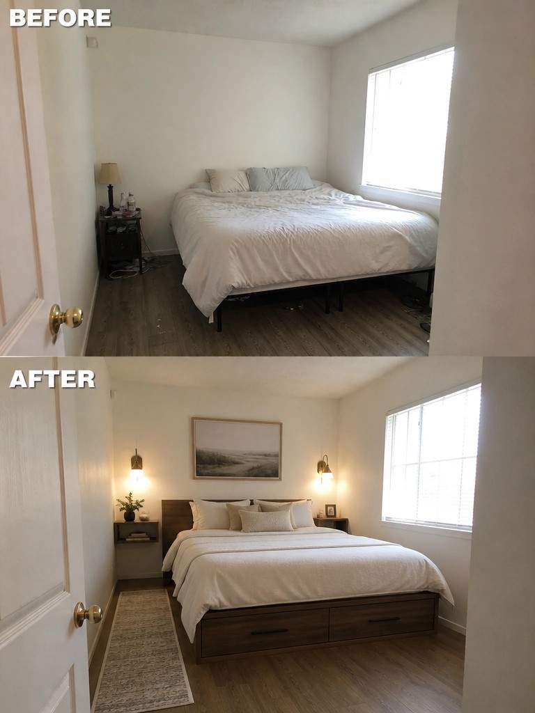 Before and after bedroom renovation with new wooden bed frame, lighting, and decor