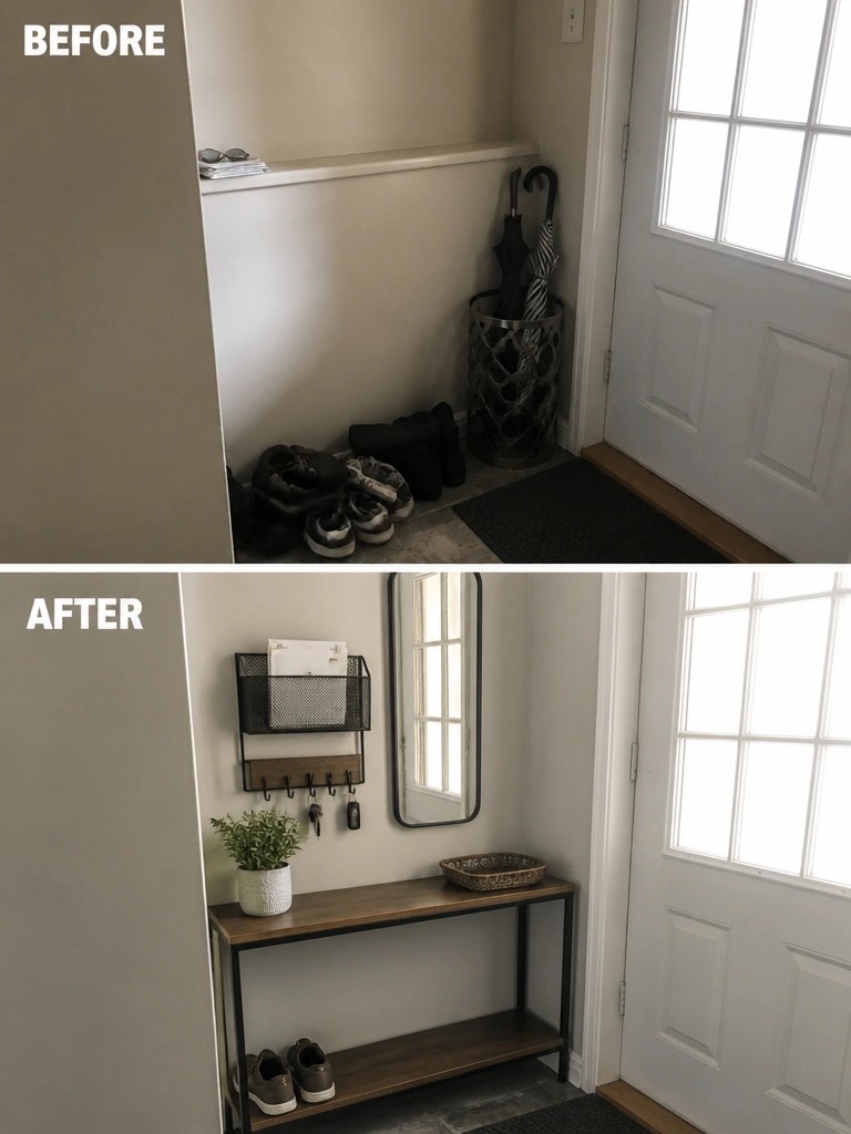 Before-and-after image of a cluttered entry corner transformed with a narrow bench, wall hooks, and a mirror for organized storage.