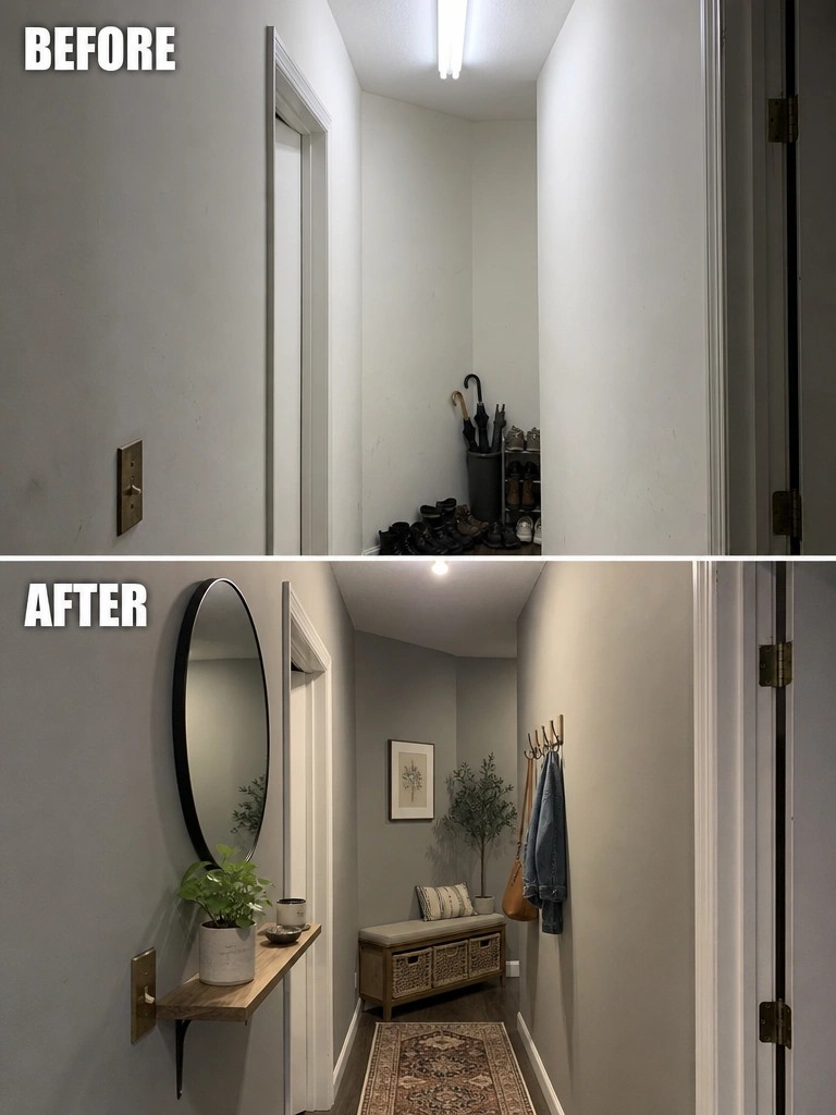 Before-and-after image of a narrow hallway updated with a storage bench, hooks, and a mirror.