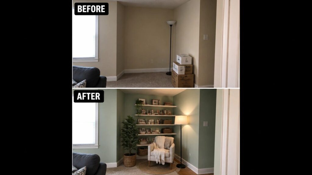 20 Practical Budget Room Makeover Ideas for Awkward Layouts and Tight Corners Before-and-after image of a plain room corner changed into a seating area with built-in shelves, an armchair, a rug, and plants.