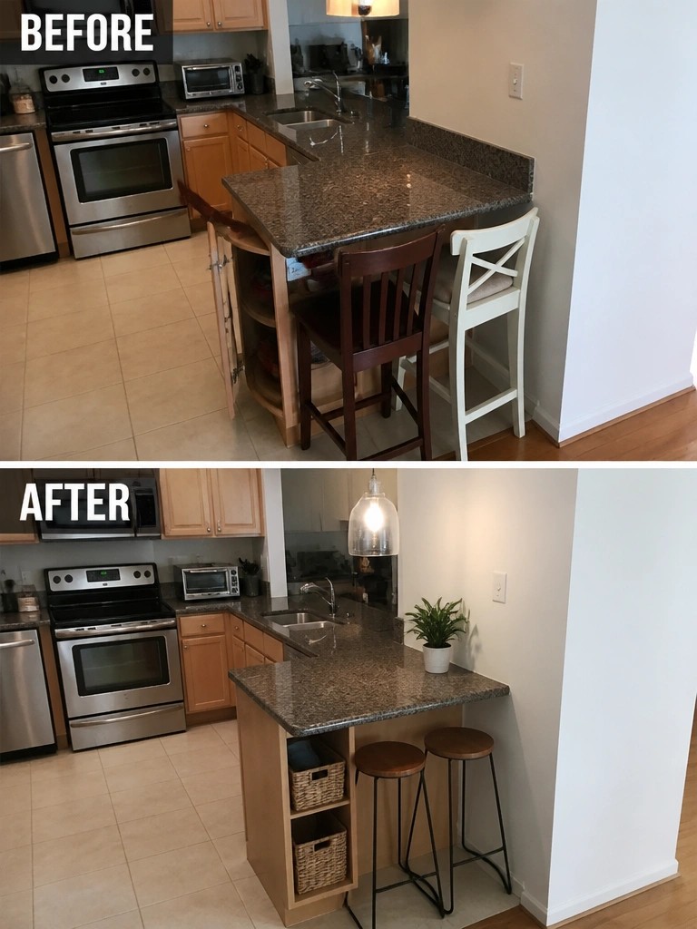 Before and after kitchen island with new stools, lighting, and storage baskets.