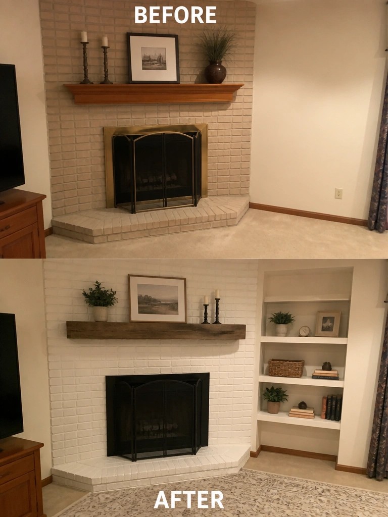 Before and after of beige brick fireplace painted white with added bookshelves.