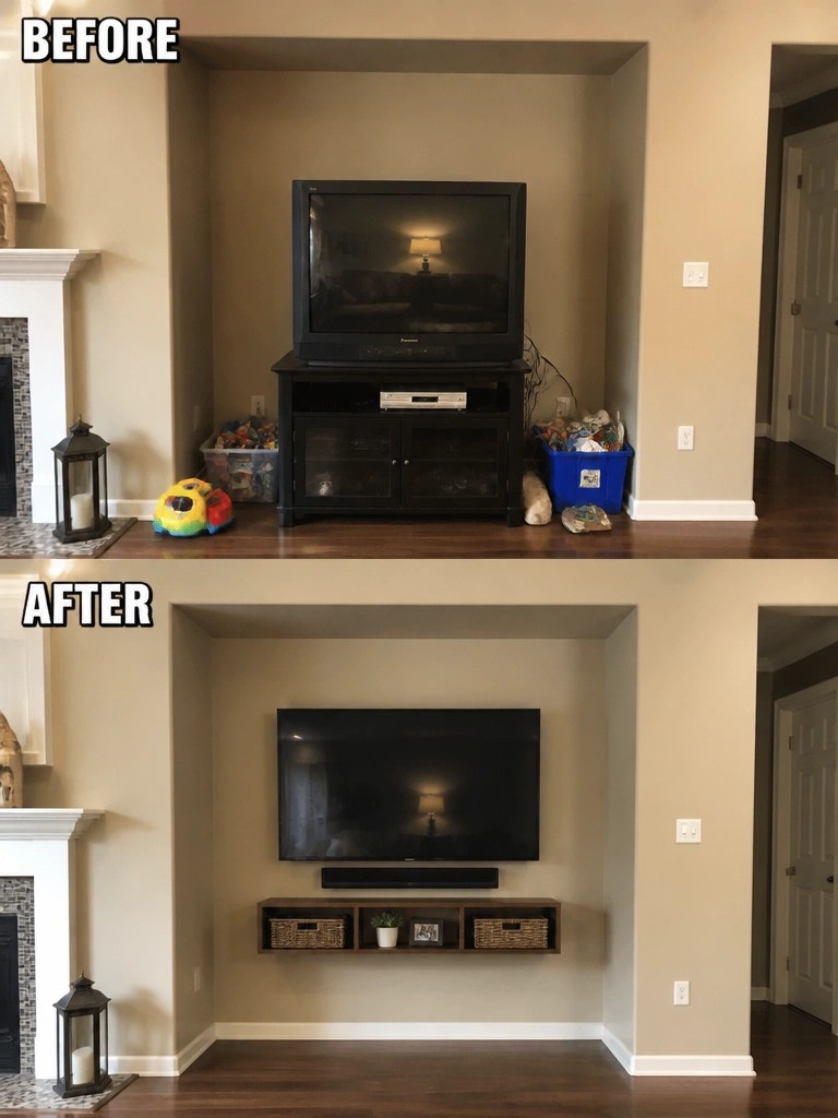 Before-and-after image of a recessed television area where a bulky stand and surrounding clutter are replaced by a wall-mounted tv and a narrow floating shelf.
